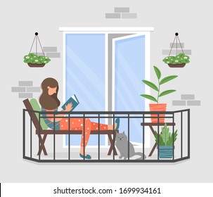 A woman is reading a book on the balcony. Girl on a deck chair with a book. The concept of coronavirus. Stay home during an epidemic. Cute vector illustration in a flat style.