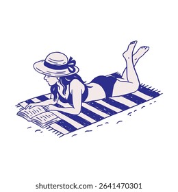 Woman Reading Book on a Beach Sea Travel Vacation Summer Sketch Whimsical Doodle Cartoon Illustration