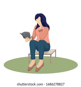 Woman reading a book on the bench in park. Cartoon flat vector illustration isolated on white background.