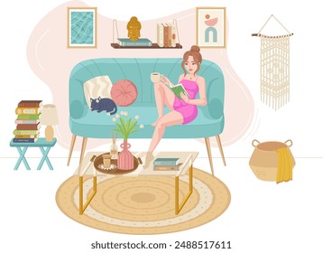 Woman is reading a book on a cozy sofa in a living room with a cat, creating a relaxed atmosphere