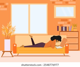 Woman reading book on cozy living room interior in orange tones with painting, plants and bookshelves. Flat vector illustration