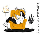 The woman reading a book on favorite sofa with a big cat. Hand drawn, Vector Illustration doodle style.