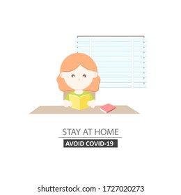 Woman reading a book on her desk during stay at home for quarantine coronavirus, COVID 19  