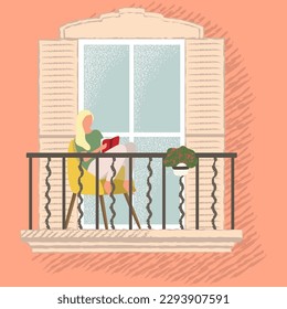 Woman reading book on home balcony vector