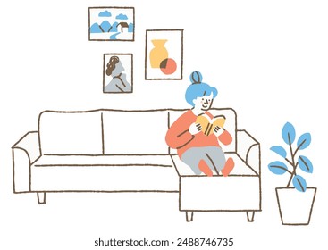 Woman reading a book on the living room sofa_Color