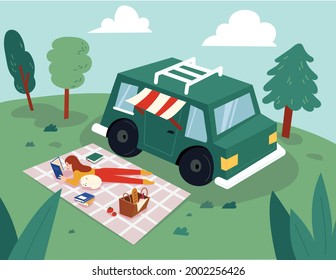 A woman is reading a book on a mat next to a RV. Her cute dog is asleep next to her. flat design style minimal vector illustration.
