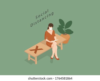 Woman is reading a book on a pair of benches with a sign that prohibits sitting beside wearing a mask and maintain social distancing to minimize the risk of getting COVID-19. 