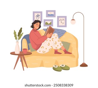 Woman reading book on sofa, hot drink at table. Lady in warm clothes resting on sofa. Vector illustration girl has rest at home, cup with tea coffee on table. Blanket on couch, standard lamp