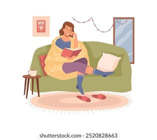 Frau liest Buch auf Sofa, Tasse mit Tee Kaffee auf dem Tisch. Eine Frau mit flachem Cartoon sitzt auf einer Couch, Spiegel an der Wand, heiß in ihrer Nähe. Mädchen in warmen Kleidern ruhen, Vektorgrafik von Studium Mädchen