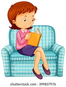 Woman reading book on sofa illustration