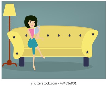 woman reading book on sofa vector