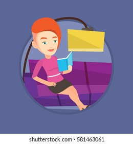 Woman reading a book on a sofa. Caucasian woman relaxing with book on the couch at home. Woman sitting on sofa and reading a book. Vector flat design illustration in the circle isolated on background.