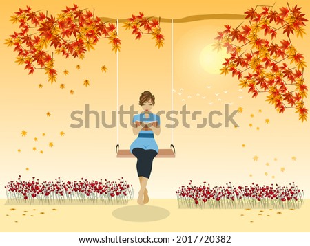 woman reading a book on a swing with maple trees and autumn sky in the background