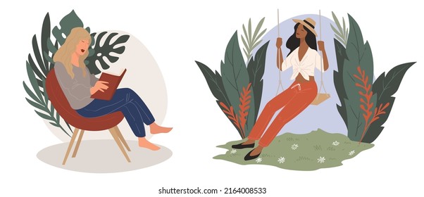 Woman reading book on weekends, isolated female character on vacation in tropics swinging. Studying and having hobby, traveling and spending summer holidays abroad on resort. Vector in flat style