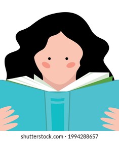 Woman reading a book on a white background
