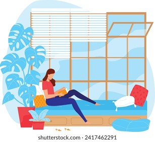 Woman reading book on window seat in cozy room with plants. Relaxed female enjoying book at home vector illustration.