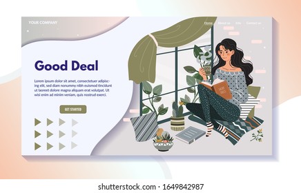 Woman reading book on windowsill, home leisure website design, vector illustration. Cute girl cartoon character reads book and drinks tea, cozy weekend leisure in comfort home. Woman sit on windowsill