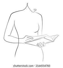 Woman reading a book one line drawing on white isolated background