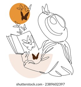 Woman reading  book one-line line drawing. Vector.