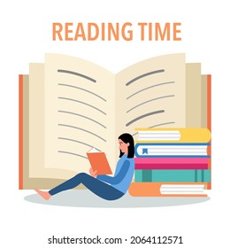 Woman reading book with opening book in flat design. Reading time concept vector illustration. I love reading. Knowledge is power.