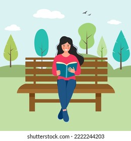 Woman reading book in a park flat design. I love reading concept vector illustration.