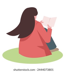 woman reading a book in the park. relaxed and happy. doing tasks. working. suitable for business and school themes. flat vector illustration.