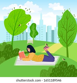Woman is reading book in the park. Student preparing to exam, lying on the grass. Cute vector cartoon illustration with relax girl outdoor. Literature fan in the nature.