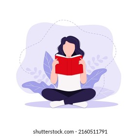 Woman reading book with pile of books. Distance studying, earning and self education concept. Flat cartoon style vector illustration. Eps 10