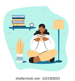 Woman reading book with pile of books. Student preparing to exam isolated on white background. Distance studying, learning and self education concept. Flat cartoon style vector illustration.