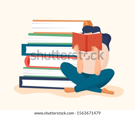 Woman reading book with pile of books.  Distance studying, earning and self education concept. Flat cartoon style vector illustration.