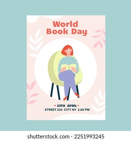 Woman reading a book poster, flyer. World Book Day