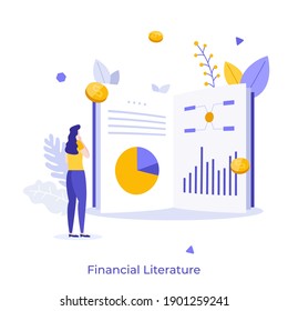 Woman reading book or publication with charts and graphs. Concept of financial literature, academic or scholarly journal in economics and business. Modern flat vector illustration for poster, banner.