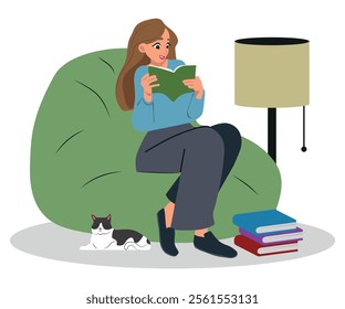 Woman reading book, relaxing in cozy beanbag chair under lamp. Reader enjoying leisure time with literature, sitting on bean bag bench at home. Flat vector illustration isolated on white background.