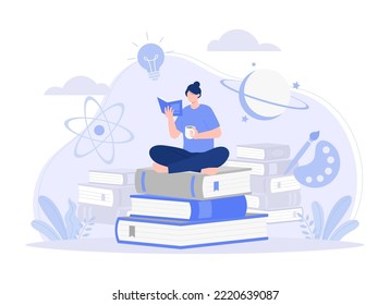 Mujer leyendo un libro y relajándose en casa. chica tomando café caliente, leyendo libro, sains, matemáticas, artista, literatura. Ilustración plana vectorial moderna