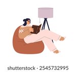 Woman reading book, relaxing on cozy bean bag chair under lamp. Reader enjoying leisure time with literature, sitting on beanbag seat at home. Flat vector illustration isolated on white background