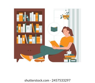 Woman reading book relaxing sitting reclining on bean bag sofa and having rest at home, education activities learning, online course, training, back to school concept illustration