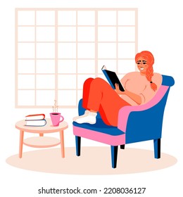 Woman reading a book. Resting in armchair at leisure time. Enjoying literature at cozy home interior. Coffee table. Vector illustration