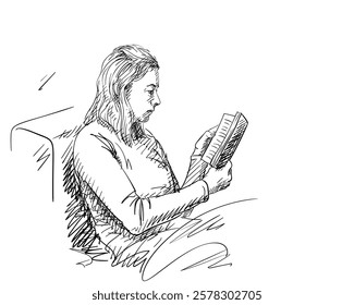 Woman reading book seating comfortable, Hand drawn illustration, Adult woman with serious face and long hair holding an open paper book in her hands view from side, Vector sketch