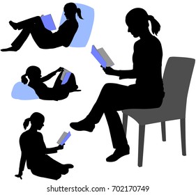 woman reading book silhouettes - vector