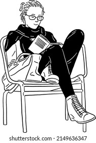 Woman reading book sit on chair People Lifestyle Hand drawn Line art Illustration