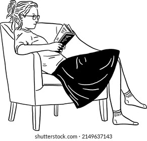 Woman reading book sit on chair People Lifestyle Hand drawn Line art Illustration