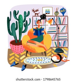 Woman reading book, sitting in armchair. Bookshelves. Young girl reader enjoys hobby, relaxes and rests. Interior design, decor. Vector character illustration of girl daily life routine at home scene