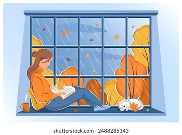 Woman reading book and sitting at the autumn window. Vector illustration
