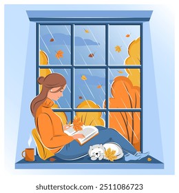 Mujer que lee el libro y que se sienta en la ventana del otoño. Ilustración vectorial
