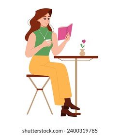Woman Reading Book Sitting in Cafe with a Cup of Coffee. Smart Female Reader Enjoying Literature. Leisure Time. Flat Vector Illustration Isolated on White Background.