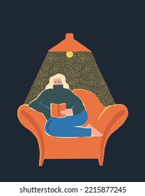 Woman reading a book sitting in the chair on a winter evening illustration in vector.