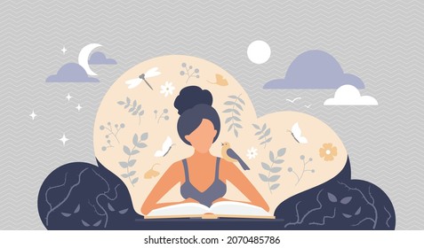 Woman reading book, sitting in fantasy cloud of imagination vector illustration. Cartoon literature lover character receiving magic of knowledge from book. Personal development, self education concept