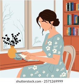 Woman reading book sitting near window in comfortable room with book shelves. Flat vector colorful illustration