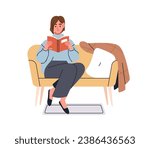 Woman reading book, sitting on sofa. Girl reader relaxing at home, resting with literature. Female on cozy couch, leisure time in apartment. Flat vector illustration isolated on white background
