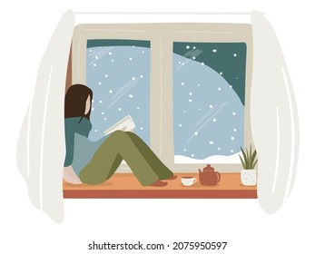 Woman reading book sitting on the window still, snowfall. Cozy home interior. Winter season concept flat vector illustration. 